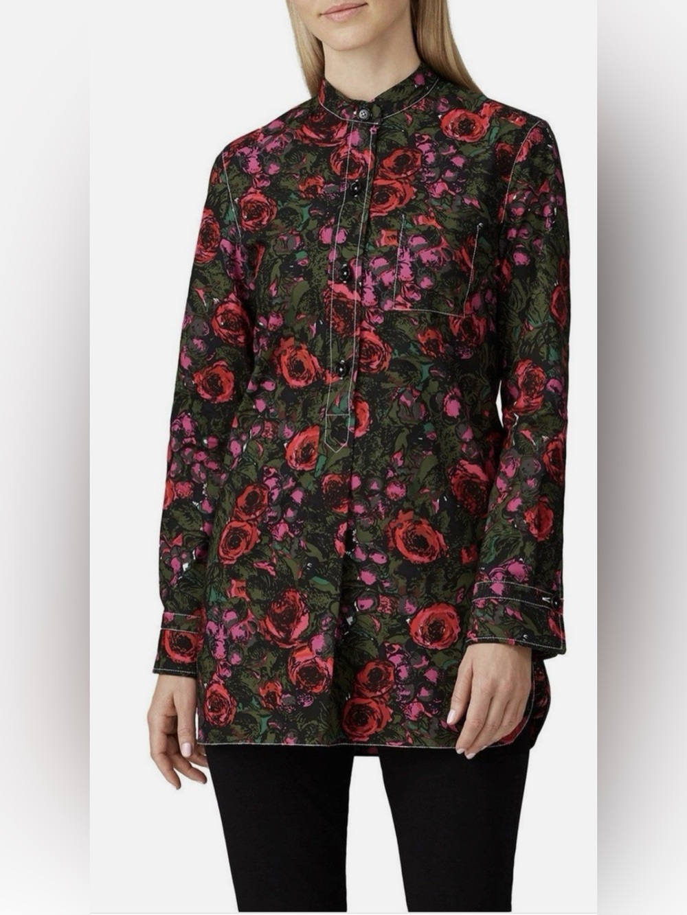 Marni Dark Green Floral Button Front Tunic Top Pink Red Roses Womens 42 US 6